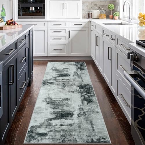 Runner Rug for Hallways Kitchen 2'6"x8' Washable Non Slip: Carpet Non Skid 8ft Entryway Rubber Backed 8 Feet Neutral Abstract Modern Rug Low Pile Pet Friendly Indoor Black White