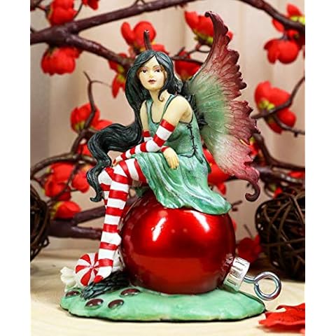 Ebros Amy Brown Santa's Elf FAE Peppermint Candy Cane Christmas Fairy Sitting On Red Ornament Collector Figurine As Mini Faerie Garden Festive Collectible Decor Statue Fantasy Fairies Pixies Cover