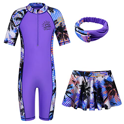 Image of TFJH E 3 in 1 Sets Girls Swimsuits Short Sleeve Rashguard Suit UV 50+ Princess Swimwear Dress Skirt Zip 3-12Y