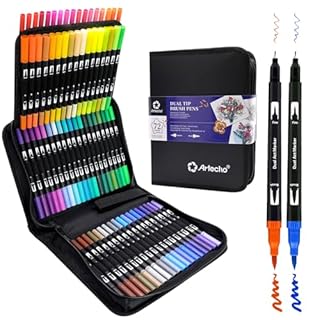 Artecho 72 Dual Tip Brush Pens with bag, Felt tip pens for adult colouring books, Colouring Pens for Adults, Calligraphy, Drawing, Sketching, Nylon tip for Artists, Beginners
