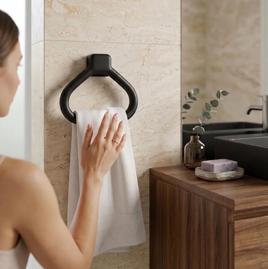 Image of CIPLA PLAST Modern Wall Mounted Towel Ring Holder | Self-Adhesive Towel Ring for Bathroom | Premium Plastic Bathroom Hand Towel Hanger, Durable & Rust-Free, Easy Installation, (Black)