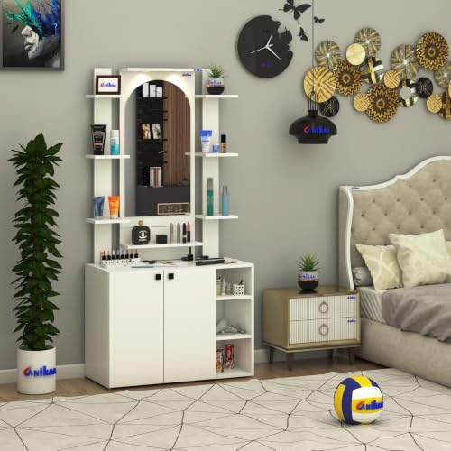 Image of Anikaa Venza Engineered Wood Dressing Table with Wall Mounted Mirror & LED Lights Open Shelf | Makeup Vanity Storage Cabinet with Soft Closed Hinge Door for Bedroom -(White) DIY Installation