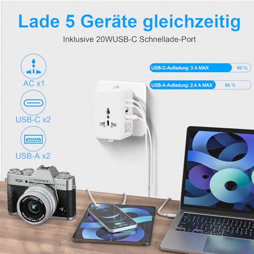 Reiseadapter Weltweit,Universal Reisestecker mit 2 USB A und 2 USB C,Universal Adapter,Reisestecker Adapter Weltweit,Internationaler Steckdosenadapter Travel für England USA Japan Thailand Australien