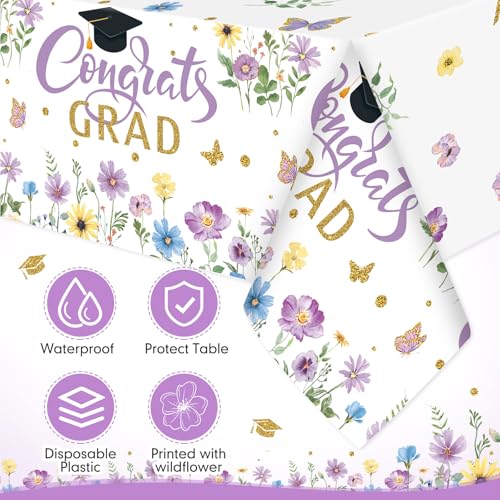 Image of Ganeen 3 Pcs Graduation Tablecloth Floral Class of 2026 Congrats Grad Table Cloths Purple Disposable Plastic Rectangle Table Cover for 2026 Graduation Decorations Grad Party Supplies, 54 x 108 Inch