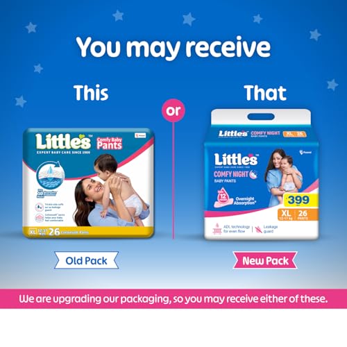 Image of Little's Baby Diapers XL Size (Extra Large) Pants Style | 12-17 kg | 104 Count | Comfy Nights Baby Diaper Pants with Leakage Guard & Upto 12 Hours Absorption (26 Count, Pack of 4)