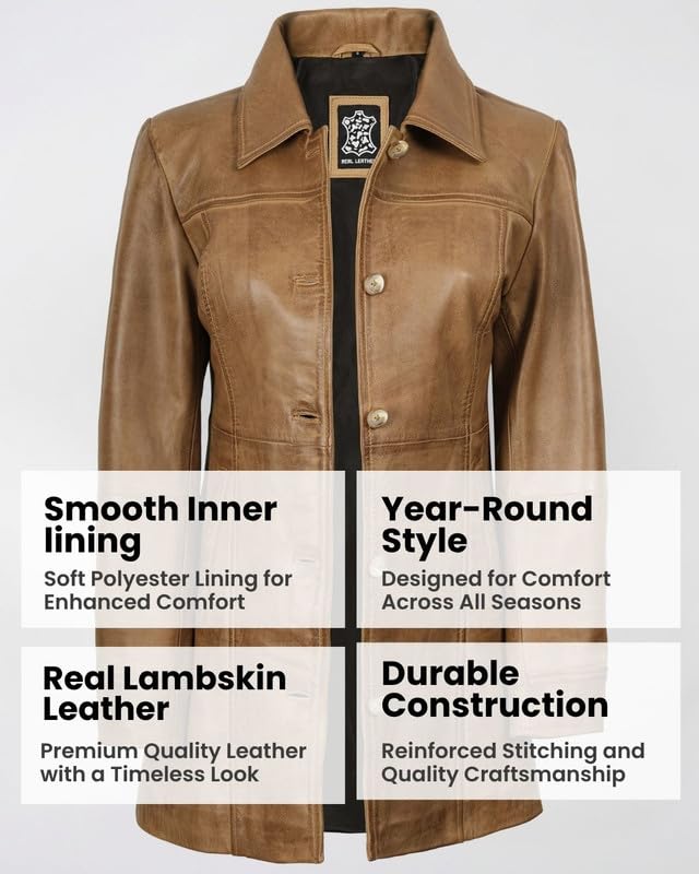 Image of Blingsoul Women's Lambskin Leather Car Coat - Vintage Real Long Leather Jacket for Women