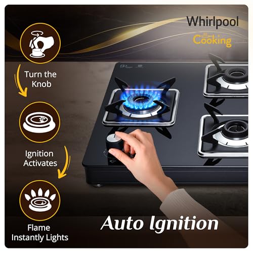 Whirlpool 70cm 4 Burner Auto Ignition Gas Stove | SABAF Brass Burners & Valves | 8mm Thick Toughened Black Glass | 10-Year Burner & Valve and... - Image 3