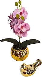 Orquídea Artificial 20cm Com Vaso E Passarinho Decorativo
