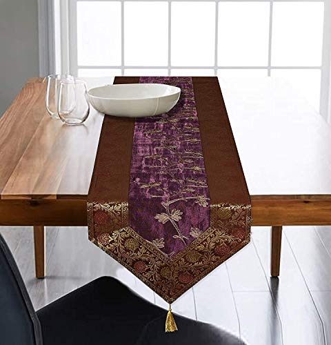 Image of E-EZRA Ari Zari Embroidery Table Runner for Dining Table 6 Seater 72IN Indian Satin Traditional Long Runner Up with Tassels Coffee Tablecloth (Purple)