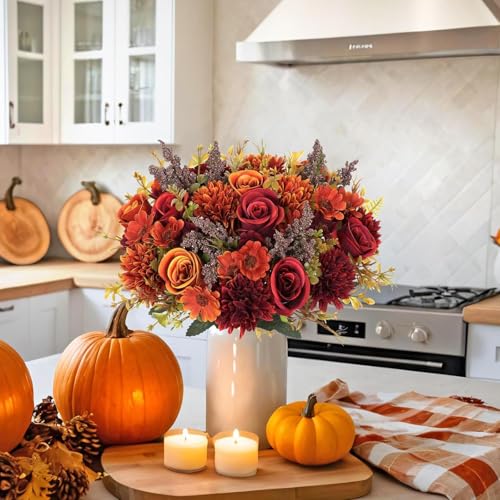 Image of Artificial Flower Bouquet for Home Decoration - 2 Pcs Faux Rose & Daisy Bouquet (Without Pot) Artificial Flowers for Living Room, Bedroom, Office, Vase Decoration (Maroon /Orange)