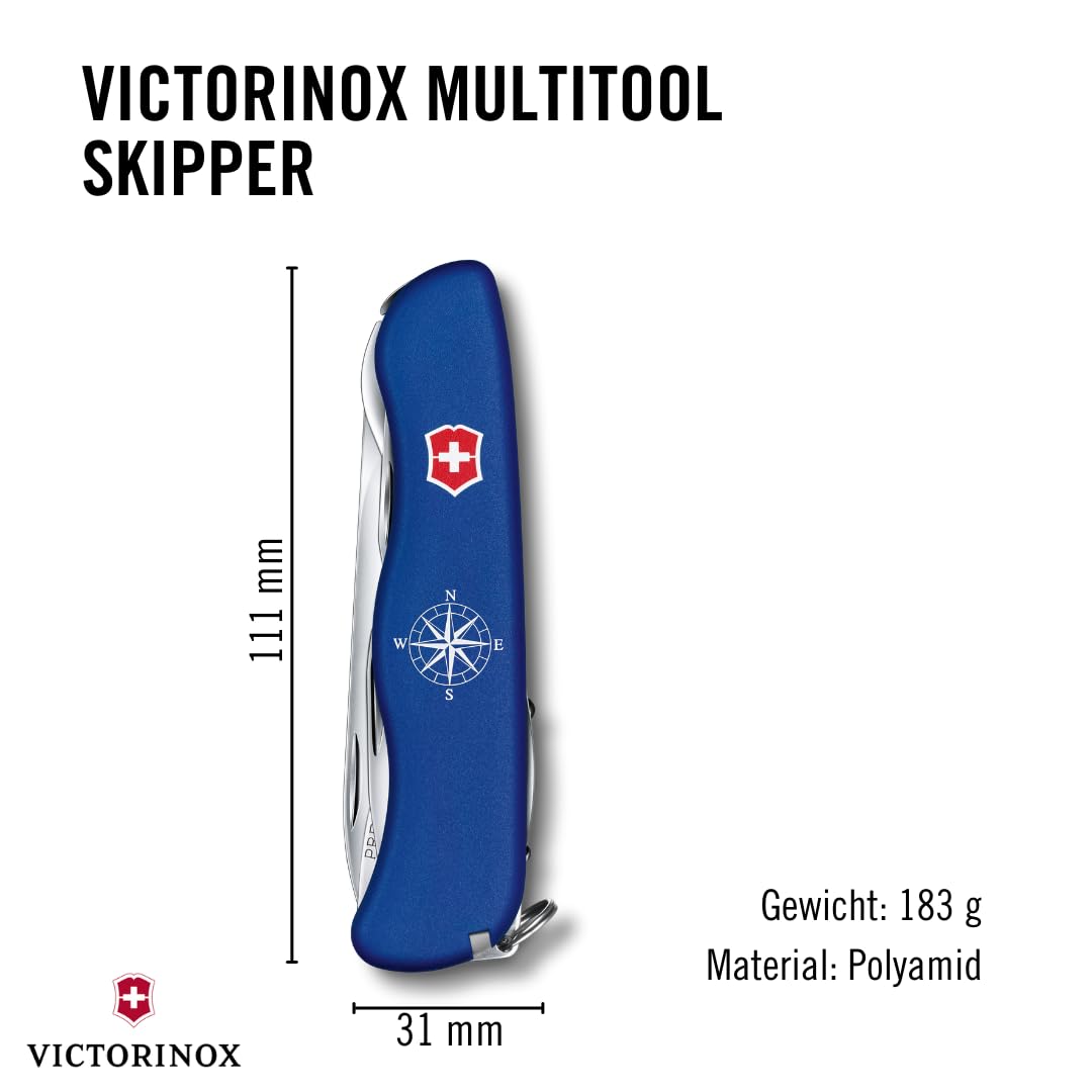 Victorinox Taschenmesser Skipper, Segelmesser, 5 Funktionen, Swiss Made, Multitool mit Große Klinge mit Wellenschliff, Feststellklinge, Blau