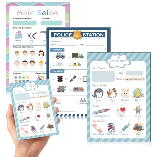 SHIQIKEJIPTY 3 PCS Pretend Play Notepads Police Officer Pretend Play Kids Pretend Vet Clinic Hair Stylist Role Play Imaginative Play Toys Role Play Accessories 4 * 6 Inches For Toddlers Children