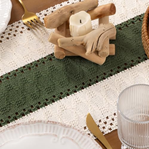DeZerlor Boho Macrame Table Runner Spring Easter Farmhouse Woven Small Table Runner with Tassels 48 Inches Ivory& Olive Green Cotton Linen Kitchen Table Decor for Dining Dresser Home Tea Table Decor by DeZerlor - Used condition - Image 7
