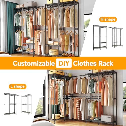 H5 Pro Heavy Duty Garment Rack, Freestanding Clothes Rack, Wardrobe Closet for Hanging Clothes, Portable Closet Organizer with Expandable Hanger Rods, (97.7-115.4")L x 15.7"W x 75.4"H, Black
