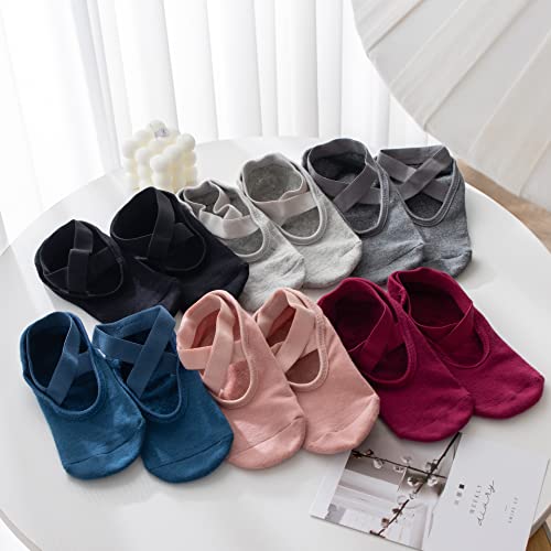Yoga Pilates Socks with Grips for Women Non Slip Cushioned Socks for Barre Ballet Dance Fitness Workout (Pink)