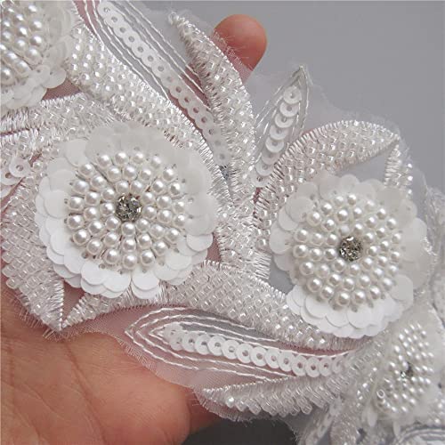 1 Yard White Pearl Beaded Sequins Flower Lace Edge Trim Ribbon 8.5Cm Width Vintage Trimmings Fabric Embroidery Applique Sewing Craft Patchwork Handmade Wedding Dress Clothes Decoration #TOP5