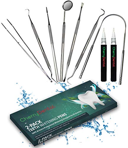 Dental Hygiene Kit, 2 Teeth Whitening Pens, and Tongue Scraper. Stainless Steel Tooth Cleaning Tools, Scraper, Pick, Plaque, Pet Dental Tools, Calculus and Tarter Remover, Oral Care