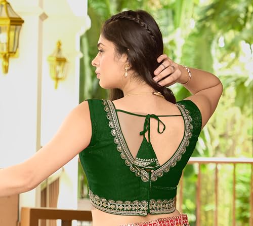 Image of Pujia Mills Women's Sequin Embroidered V Neck Sleeveless Readymade Saree Blouse Indian Ethnic Designer Stitched Readymade Saree Blouse Sleeveless Blouse Readymade Blouse for Women