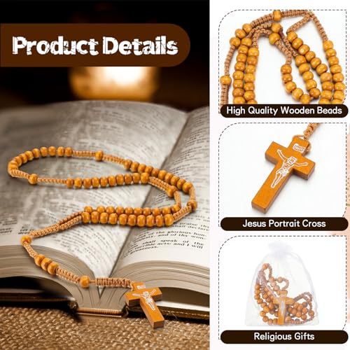 Tenceur TENCEUR-CROSSES-DFSZN8497 48 Pcs Wooden Rosary Beads Catholic Rosary With Jesus Cross First Communion Wood Carved Rosary Bulk With Organza Bags Catholic Gift Baptism Favors thumb #2