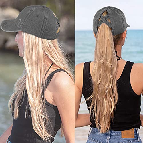 Muryobao Women Ponytail Criss Cross Messy Buns Ponycaps Baseball Cap Adjustable Cotton Distressed Dad Trucker Hat For Outdoor Sports Travel Grey #TOP6