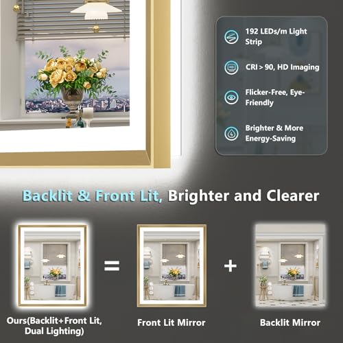 Image of 24x36 Gold Beveled LED Bathroom Mirror Backlit & Front Lit Anti-Fog | Brushed Gold Framed, Anti-Fog Lighted Vanity Mirror, Dimmable, 3-Color Light, Memory, CRI95, HD Tempered Glass, UL Listed