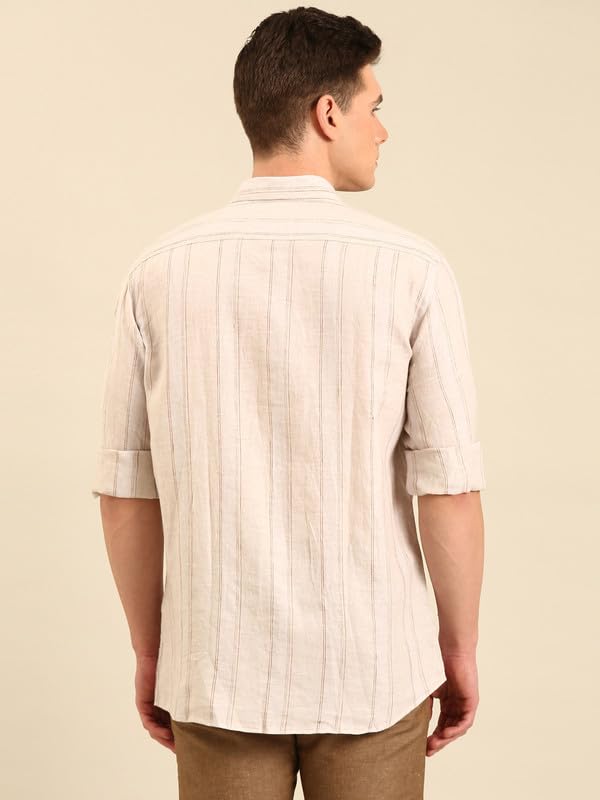 Image of Linen Club Men's Linen Rich Pink Striped Contemporary Fit Full Sleeve Casual Shirt