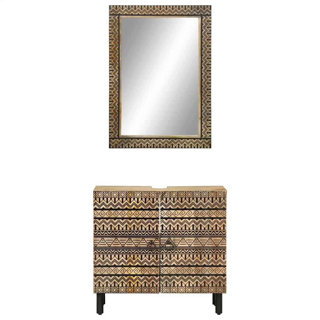 2-częściowy zestaw mebli łazienkowych z litego drewna mango, 62 x 33 x 58 cm, szafka pod umywalkę, drewno, szkło, lustro łazienkowe, solidna szafka łazienkowa z miejscem do przechowywania w