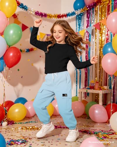 Image of Betusline Girls Fall Winter Clothing Sets, Long Sleeve Crop Top & Cargo Jogger Pants 2 Piece Outfit Sets,4T-14Y
