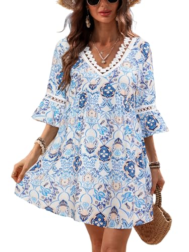 Image of CUPSHE Women V Neck Lace Trim Mini Summer Dress Cover Up 3 /4 Sleeve Ruffled Cuff Casual Sundress Beach Dresses Cover Ups
