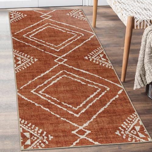 ReaLife Rugs Machine Washable Area Rug Runner - Living Room Bedroom Bathroom Kitchen Entryway Office - Padded Low Pile Stain Resistant Premium - Moroccan Diamond Tribal - Jax - Orange 2'6' x 6'
