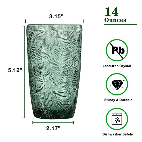 Gyrut Green Vintage Drinking Glasses Set Of 4 14Oz Green Water Glass For Home Green Retro Glassware For Dinner Party Green Highball Glaases Green Tall Tumblers For Everyday Used #TOP1