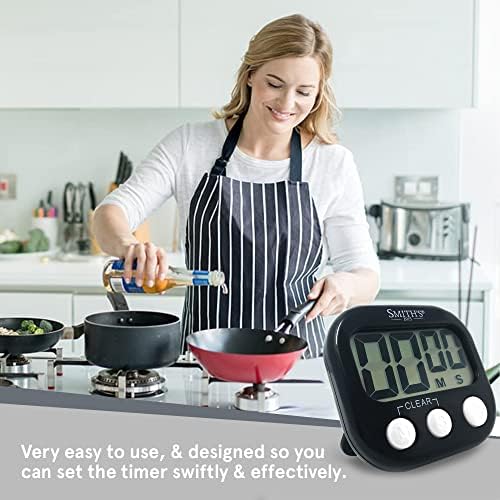 Smiths® Digital Kitchen Timer - Black | Large Countdown Clock | Battery Included | Loud Alarm | Big Digits | Magnetic, Kickstand & Hanging Hole | Very Easy To Use | 1 Year Guarantee