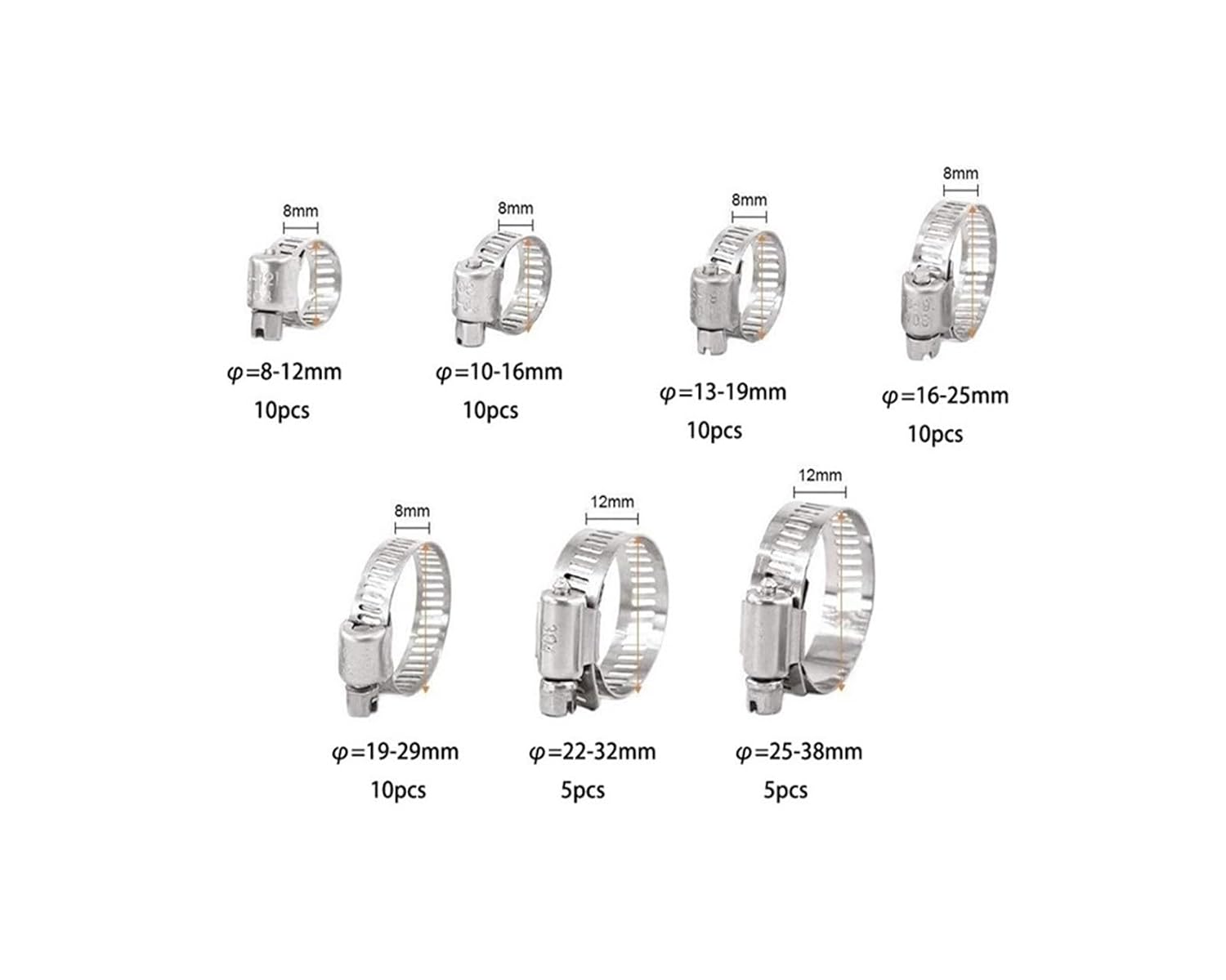 60pcs Stainless Steel Adjustable Drive Hose Clamp Fuel Line Worm Size Clip Hoop Hose Clamp