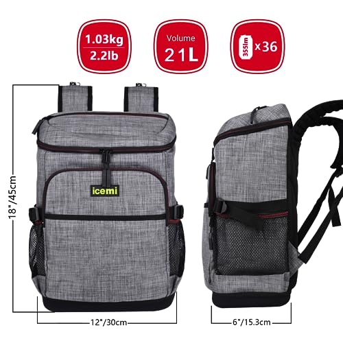 Icemi Cooler Backpack 36 Cans,Lightweight Backpack Coolers Insulated Leak Proof With Fully-Insulated Cooler Base For Men And Women Camping Hiking,Travel, Shopping （Grey） #TOP4