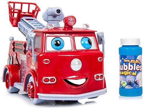 O.B Toys&Gift Bubble Blowing Fire Engine Toy Truck - Car Bump'n'Go Action Fire Truck Toy Battery Operated w/ Colorful Lights & Fun Sounds , Kids & Toddlers Bubble Truck Toy