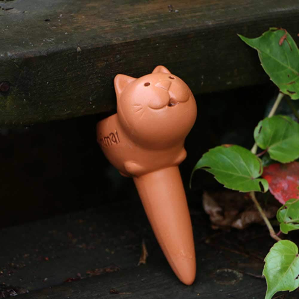 Layboo Premium Plastic and Pottery Plant Waterer Watering Spikes (Animal Shaped Red Pottery 2 Pcs Cat)