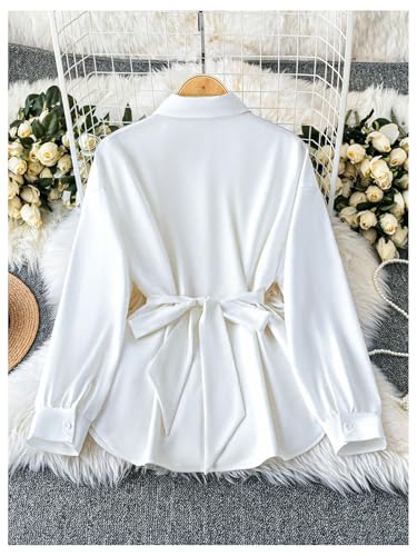 GORGLITTER Women's Button Down Long Sleeve Blouse Metal Cinch Wasit Bow Tie Back Office Work Shirt Top2