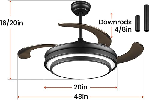 Miniatura 10 de Moderno ventilador de techo reversible negro de 36 x 20 pulgadas con luz LED regulable, 6 velocidades, control remoto, para dormitorio y sala de