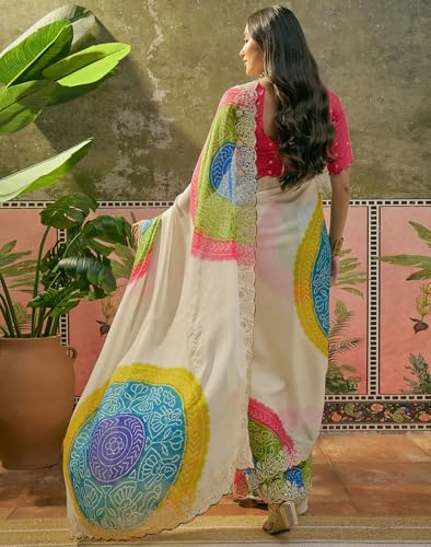 Image of SIRIL Women's Chiffon Scalloped Border Sequins Embroidery Saree with Unstitched Blouse Piece