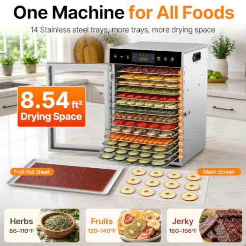 Image of HOPERAN 14 Tray Food Dehydrator Machine for Jerky, Fruit, Herb & Dog Treats | Stainless Steel, Digital Temperature & Timer Control, 2 Fans 800W, Quiet <48dB, Including 2 Mesh Screens & 1 Fruit Roll Tray