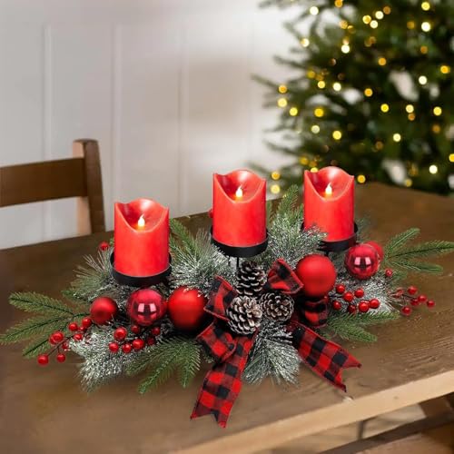 Taylor & Brown Christmas Table Decoration Tea Light Candle Holder Tealight Jar Three Section Festive Pinecones, Ornaments & Ribbon Centrepiece Décor Xmas Table Decorations (Classic Red)