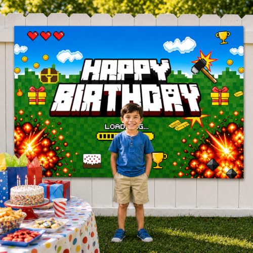 Image of Happy Birthday Banner Boy 5x3ft Birthday Sign Village Gaming Birthday Party Decorations Videogame Themed Banner Video Game Decorations Video Game Happy Birthday Backdrop for Boys