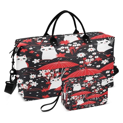 Red White Cat Pattern Sports Swim Gym Bag Weekender Duffel Travel Bags Handbag with Makeup Storage Bag for Girls Men