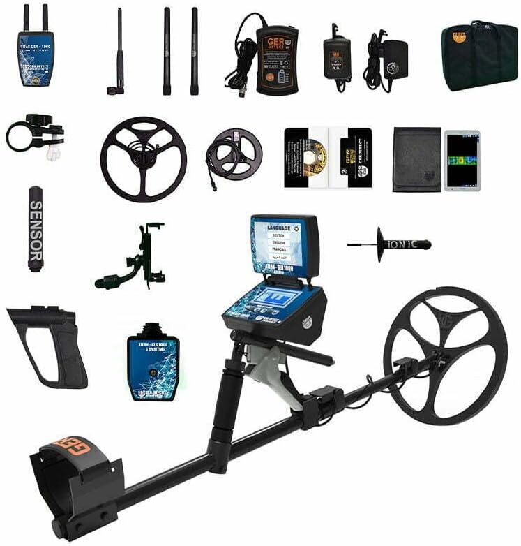 All components of the GER DETECT Titan 1000 metal detector laid out