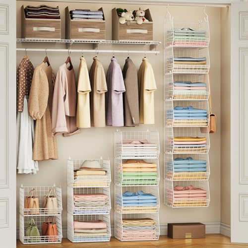 7 Tier Hanging Closet Organizer and Storage, Foldable Wire Closet Shelving with 4 Large Hooks+5 S Hooks,Hanging Basket for Clothes Sweaters Shoes Handbags,Wardrobe Kitchen Laundry Room-White by X-cosrack - Used condition - Image 2