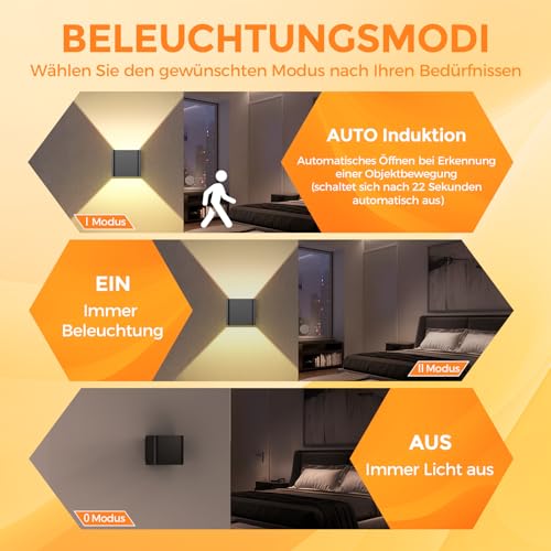 GEARLITE Led Aufladbar Wandleuchte Innen/Aussen mit Bewegungsmelder 2 Stücke, Wandlampe Auf und ab Einstellbarer Lichtstrahl 3000K Warmweiß Außenwandleuchte IPX4 Wasserdichte Wohnzimmer Garten Schwarz