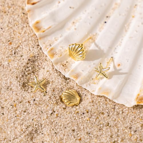 Gold Earrings for Women - 2 Pairs/1 Pairs 14K Gold/Silver Plated Small Shell, Starfish, Turtle, Seahorse, Octopus, Cicada Stud Earrings Set Summer Beachy Jewelry for Women Gifts4