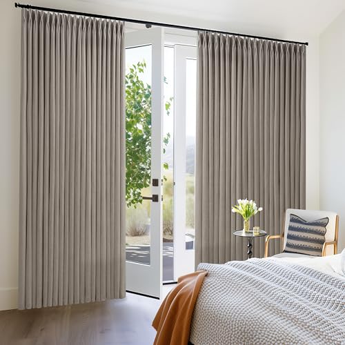Image of 108 Inch Curtains 70 Inch Width Pinch Pleated Thick Linen Extra Long Taupe | Floor to Ceiling Window, Extra Wide, Light Filtering, Semi Sheer, Balcony, Back Tab, Privacy, Hooks Rings, Drapes, 70x108