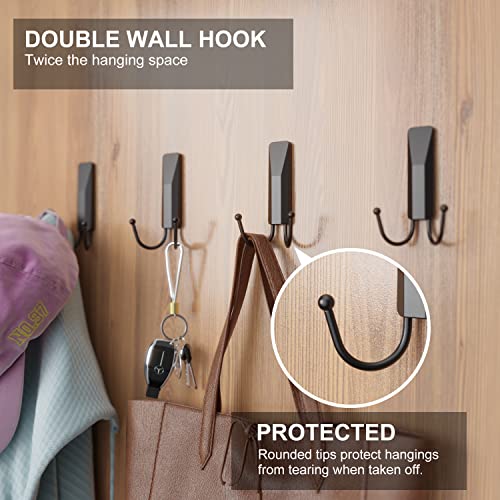 Richer House Black Double Wall Hooks For Hanging, 2 Pack Removable Adhesive Wall Hooks With 3 Strips, Organize Damage-Free Sticky Hooks, Plastic Utility Hooks Heavy Duty For Coat, Towel, Hat, Key #TOP3