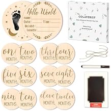 12PCS Baby Announcement Sign and Monthly Baby Milestone Set,Wooden Babys Monthly Milestone Classic Cursive Script, Hello World Newborn Sign with Ink Pad for Babys Photo Props